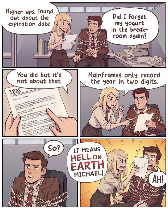 A comic from Victor Gnarly's Yesterday's Papers showing an office scene from April 22nd, 1996. Nostalgic comics.