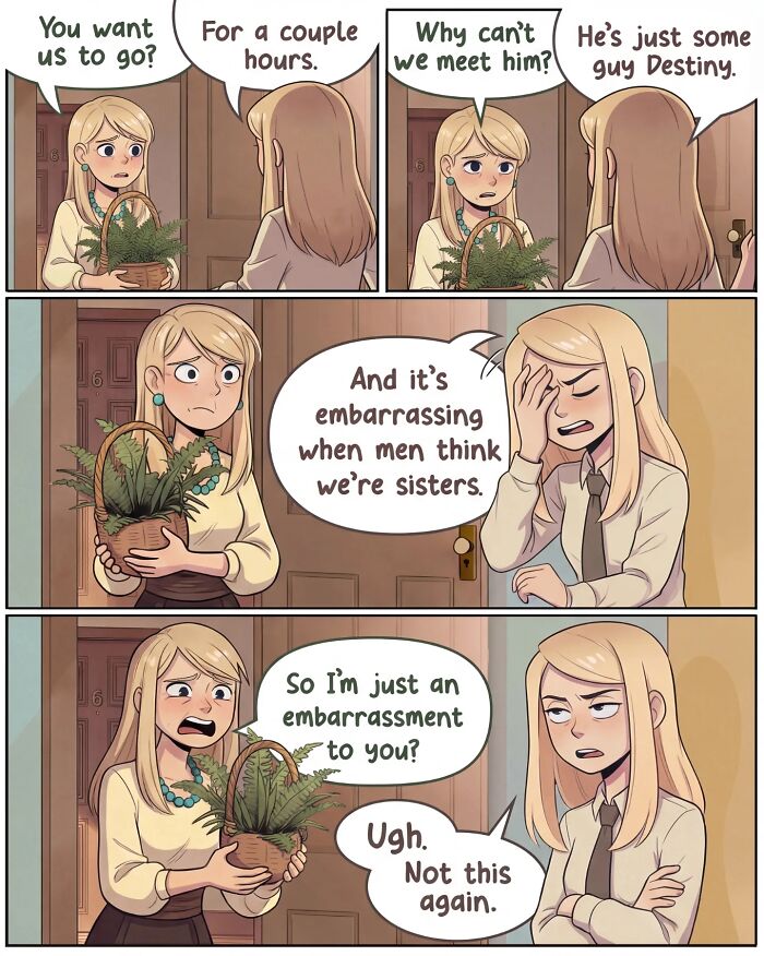 A nostalgic comic shows life before smartphones, with a woman in an office discussing a date, then on a romantic walk with a man.