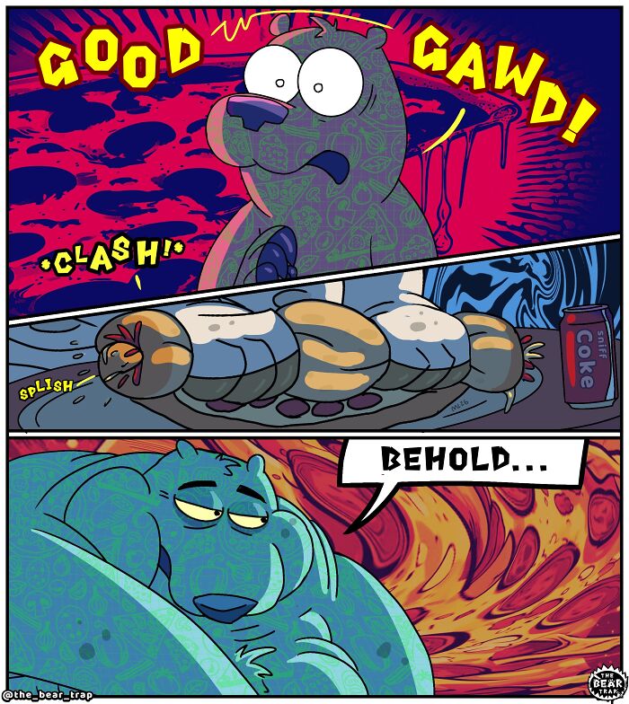A comic showing a large white bear preparing to eat a pizza while a smaller brown animal character watches. The bear is in a kitchen, and there is a can of soda next to the pizza. This is an example of hilarious animal comics.