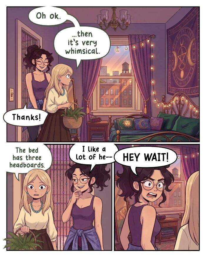 A comic from Victor Gnarly's Yesterday's Papers showing a woman moving into a new room. Nostalgic comics.