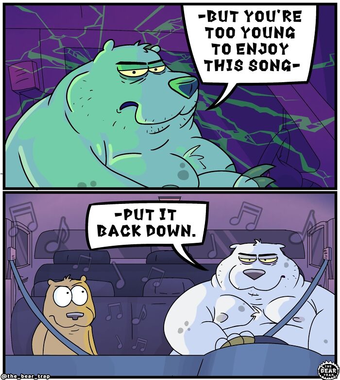 A comic showing two animal characters, a large white bear and a smaller brown one, in a car. The white bear is driving, and both are enjoying a song. This is an example of hilarious animal comics.