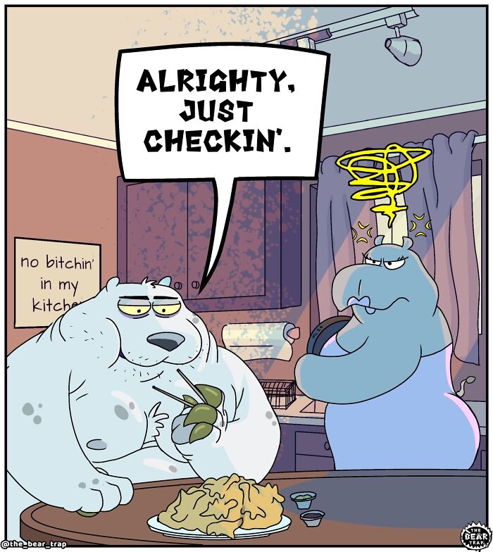 Hilarious animal comics: A bear eats at a table while a hippo stands with its back turned in a kitchen.