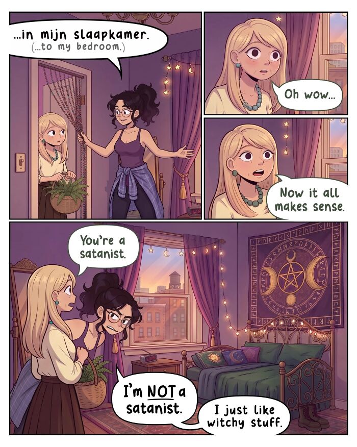A comic from Victor Gnarly's Yesterday's Papers showing a woman moving into a new room. Nostalgic comics.