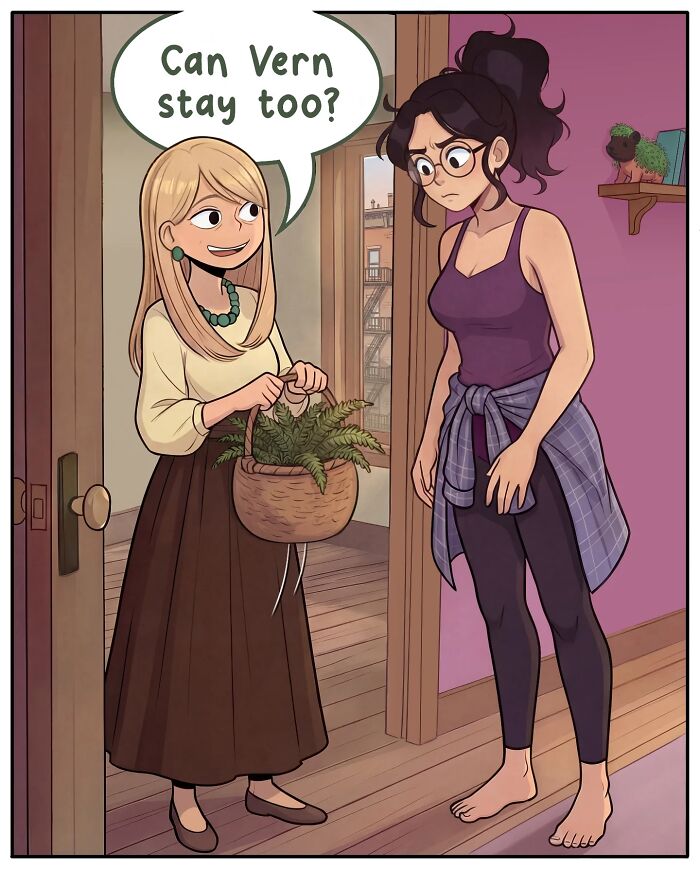 A comic showing a woman surprised by her friends being next door, capturing life before smartphones in Victor Gnarly's comics.