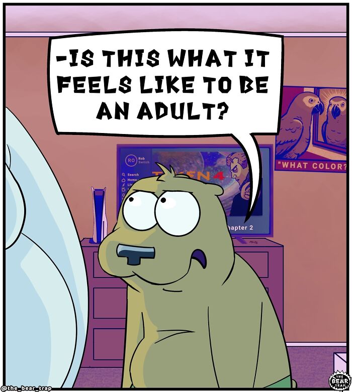 Hilarious animal comics: A smaller bear looking concerned, with a speech bubble saying 'It's just one crisis after another-'
