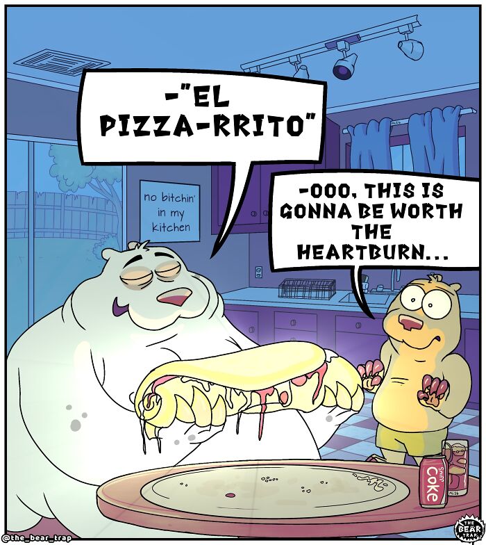 A comic showing a large white bear preparing to eat a pizza while a smaller brown animal character watches. The bear is in a kitchen, and there is a can of soda next to the pizza. This is an example of hilarious animal comics.