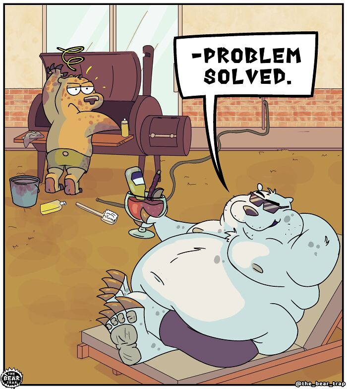 A comic of two bears, one bored and scrolling on a phone, the other walking with a bucket. Hilarious animal comics.