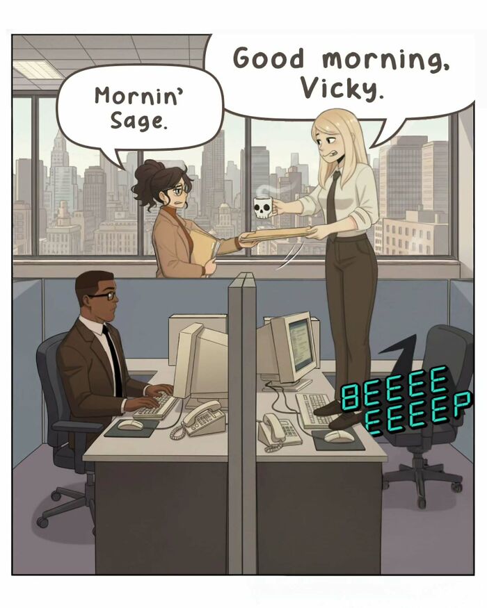 Victor Gnarly's nostalgic comics illustrate life before smartphones, with a woman talking about theme songs in an office.
