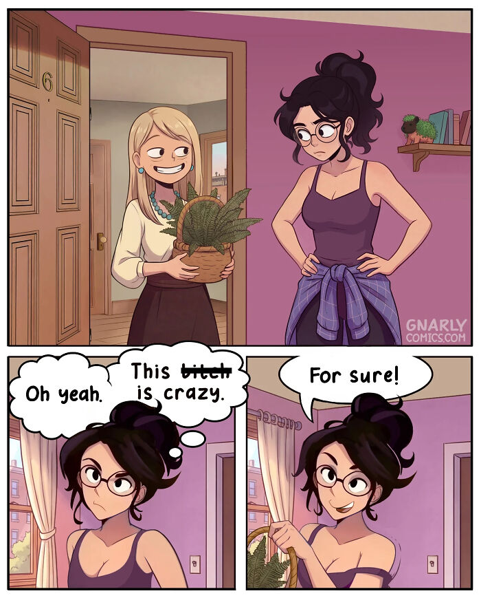 A comic showing a woman surprised by her friends being next door, capturing life before smartphones in Victor Gnarly's comics.