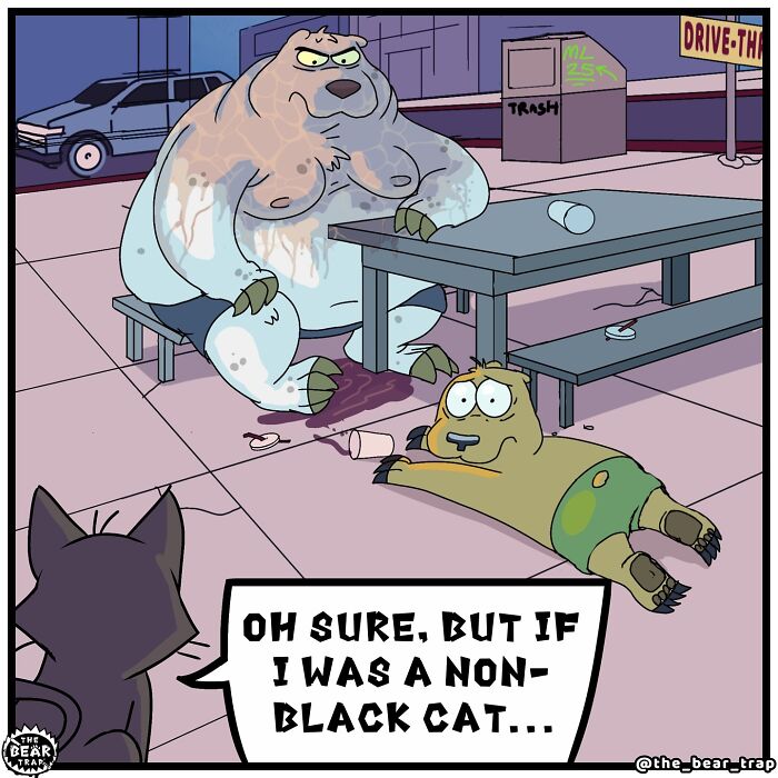 Hilarious animal comics: Two bears and a cat with a speech bubble saying, 'Watch that cat son, they're bad luck.'