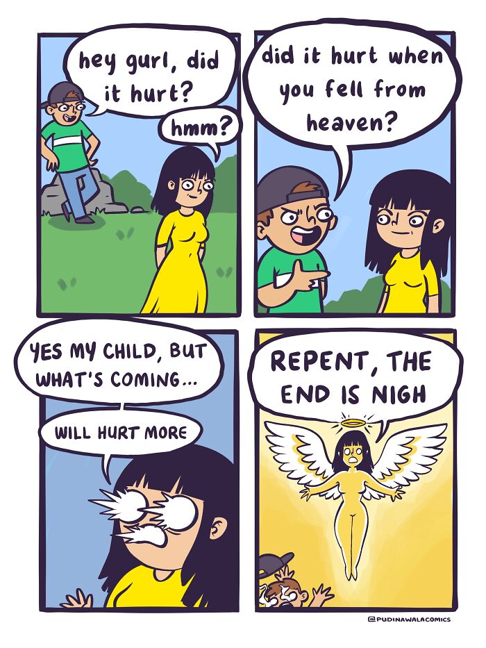 A comic strip about a man trying to pick up a woman with a cheesy line, and her transforming into an angel.