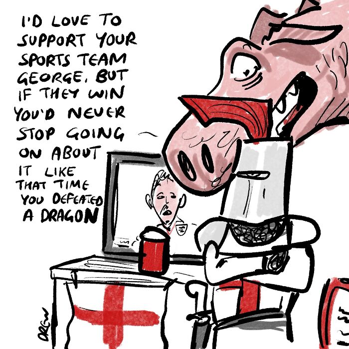 A knight watching a football game, while a dragon head complains about his potential boasting, in a single-panel comic.