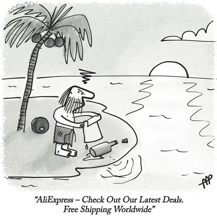 A witty single-panel comic of a castaway on an island discovering an AliExpress ad in a bottle.