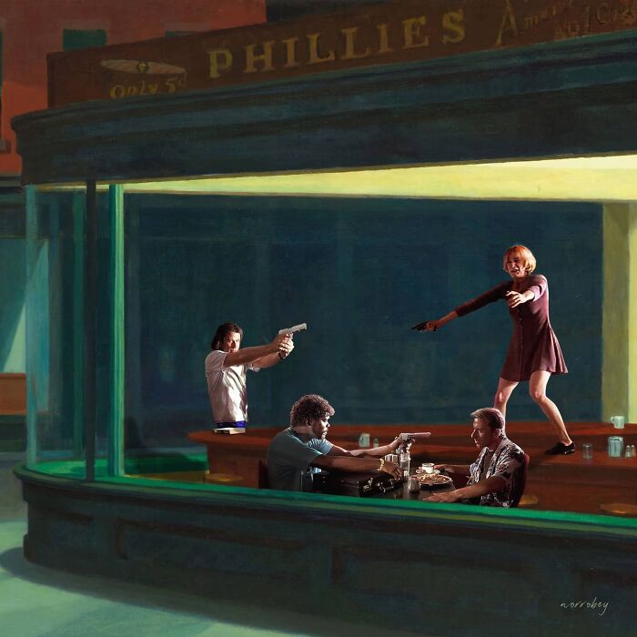 Digital artist blends famous movies with classical art, a diner scene with armed figures, movie mashups.