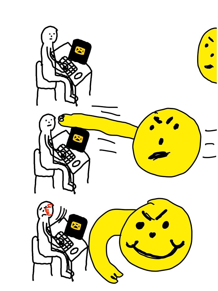 Humorous illustration of a person being annoyed by a yellow face, featuring comical puns and silly wordplay.