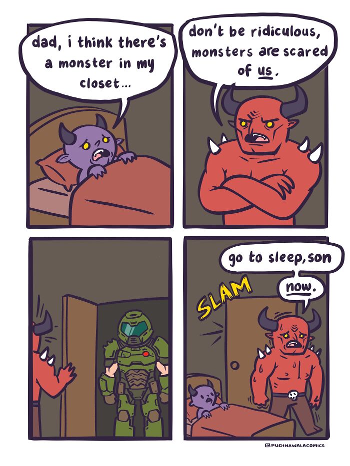 A comic strip about a monster dad reassuring his son about monsters, then getting scared by Doomguy. It shows funny comics with a twist.