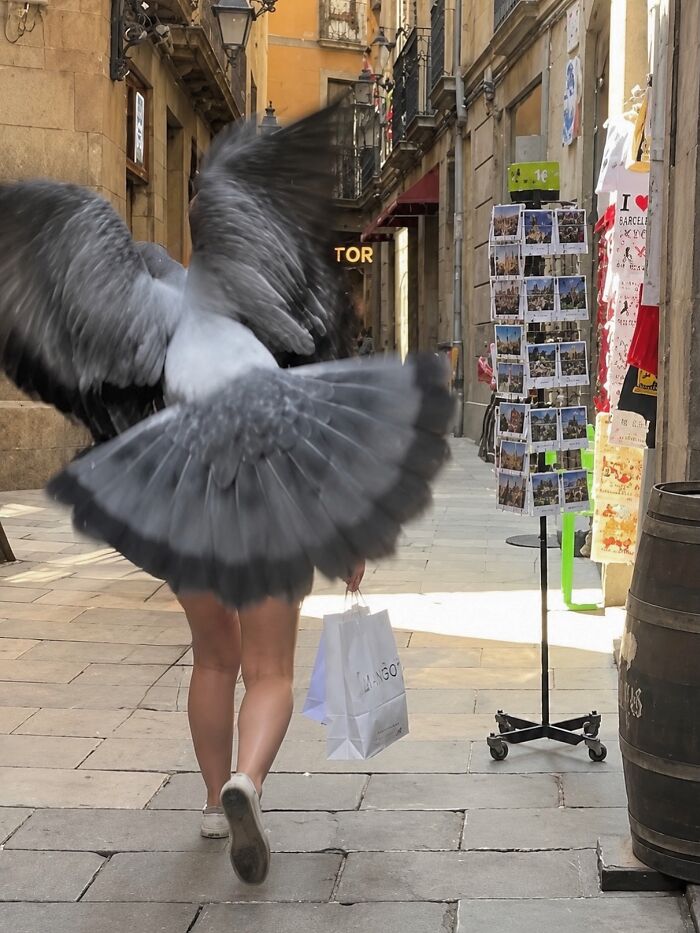 Photographer captures perfectly timed coincidences of a pigeon mid-flight next to a person in Barcelona.
