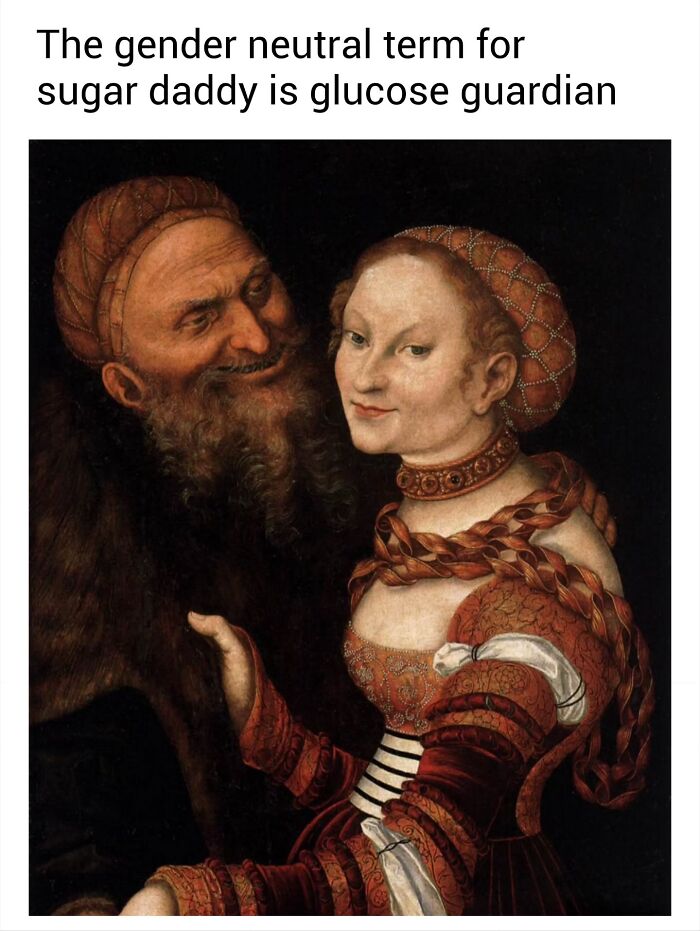 A classic painting of a man and woman, transformed into a modern-day comedy art meme about glucose guardians.