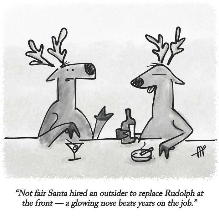 A witty single-panel comic shows two reindeer at a bar, complaining about Rudolph's replacement having a glowing nose.