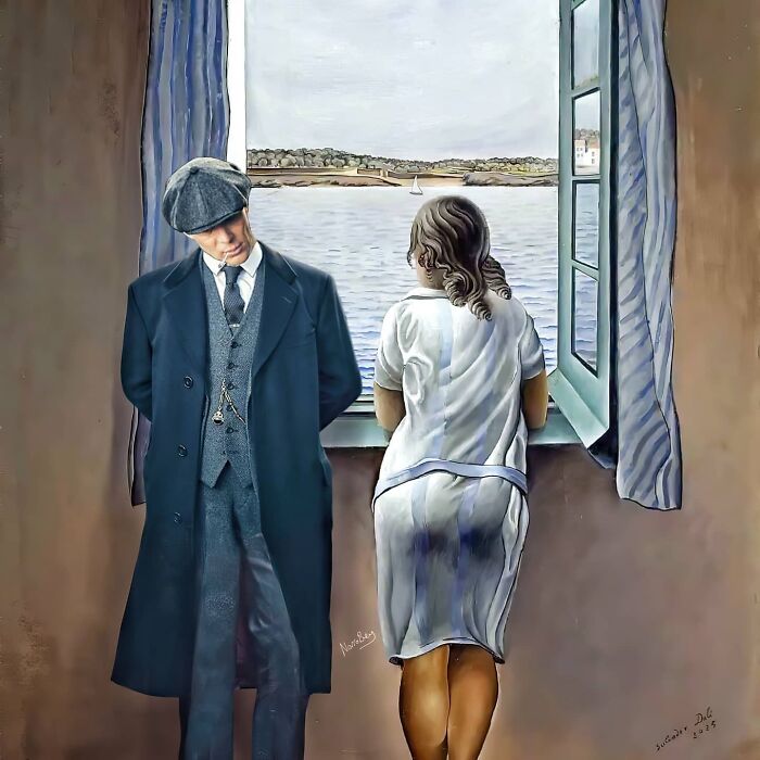 Digital artist blends famous movies with classical art featuring a man and woman by a window, movie mashups.