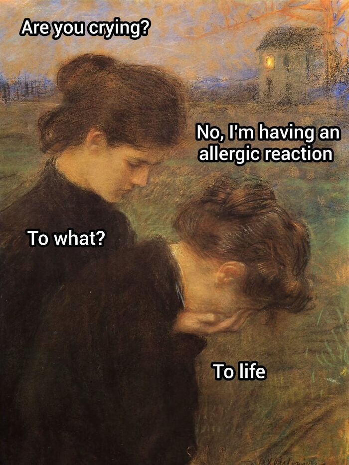 A classic painting depicting two women, turned into a modern-day comedy art meme about crying from life.