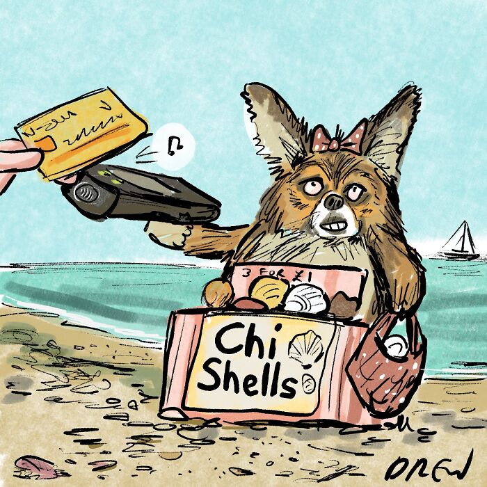 A fluffy dog selling chi shells on a beach, holding a card reader for a customer, in a clever single-panel comic.