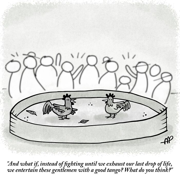 A witty single-panel comic of two chickens in a ring, suggesting a tango instead of fighting for the crowd.