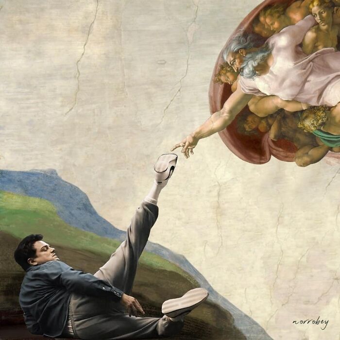 Digital artist blends famous movies and classical art: A man reaches for God's hand in a mashup of The Creation of Adam.