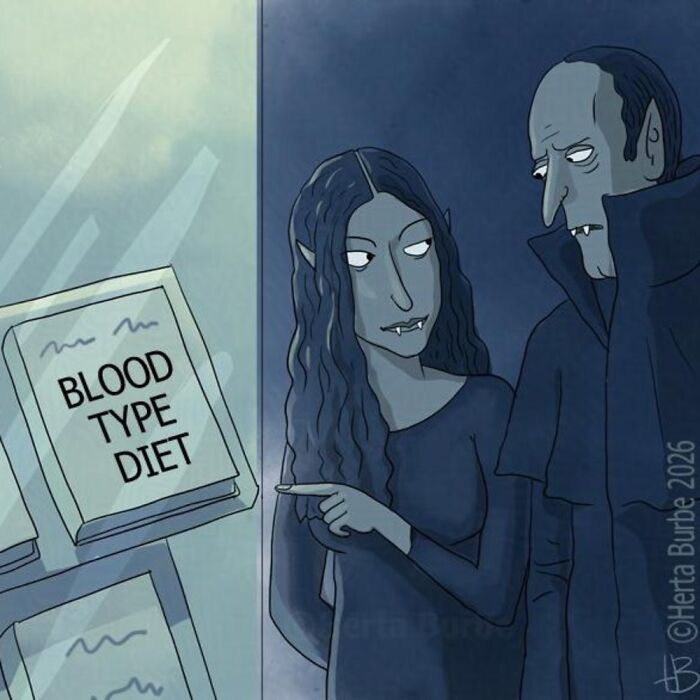 Herta Burbė comics and illustrations: vampires looking at a book titled Blood Type Diet.