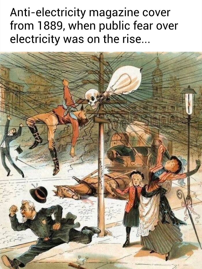 An anti-electricity magazine cover from 1889, a classic painting as a modern-day comedy art meme.