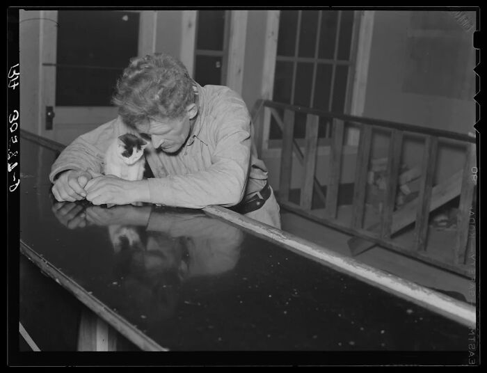 A black and white historical photo showing a man affectionately holding a cat while leaning on a counter.