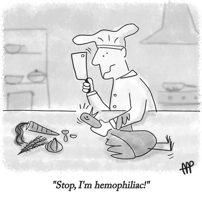 Witty single-panel comic of a chef cutting a turkey leg that says, Stop, I'm hemophiliac!