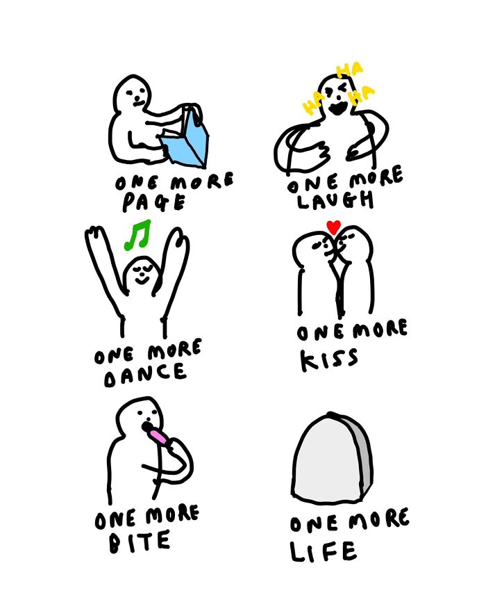 Six light-hearted illustrations depicting 'one more' of various activities, using silly wordplay and comical puns.