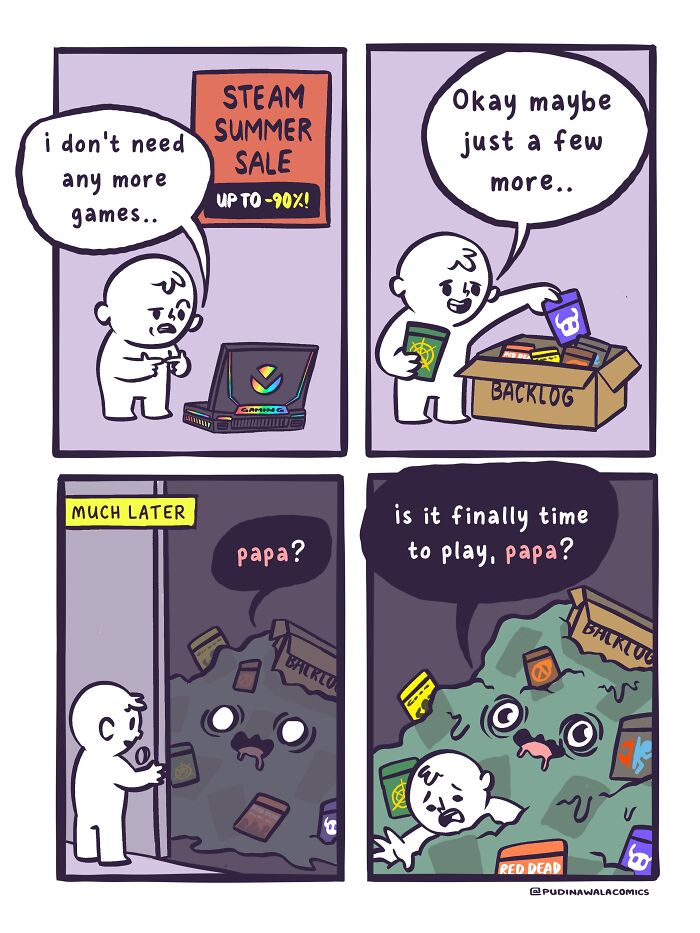 A comic strip about a man buying many games during a Steam sale, leading to a huge backlog. It shows funny comics with a twist.