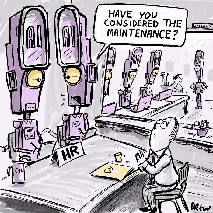 A man in an interview with two robots asking about maintenance, surrounded by other robots working, in a single-panel comic.