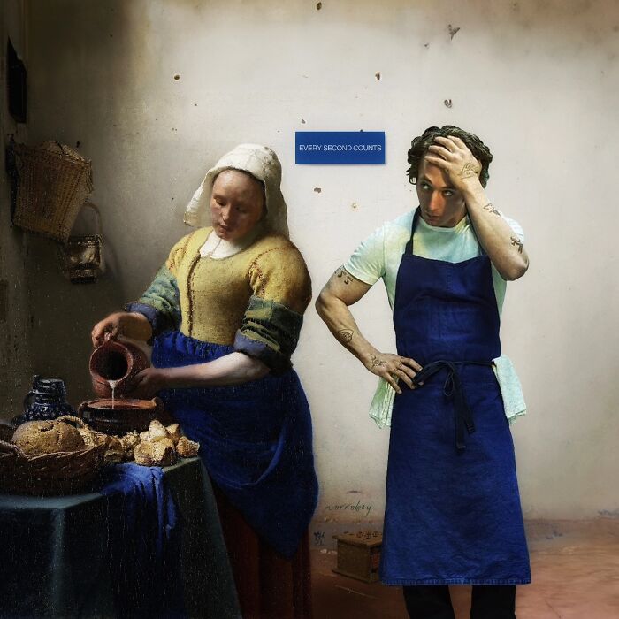 Digital artist blends famous movies and classical art: A modern chef with tattoos next to the Milkmaid, a clever art mashup.
