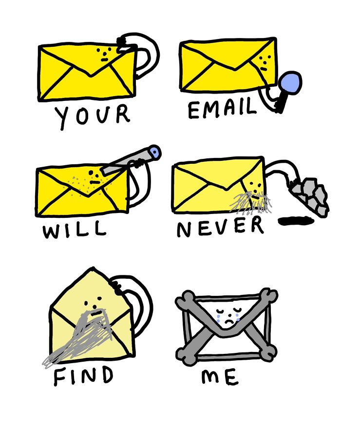 Light-hearted illustrations showing emails evolving, featuring wordplay and comical puns.