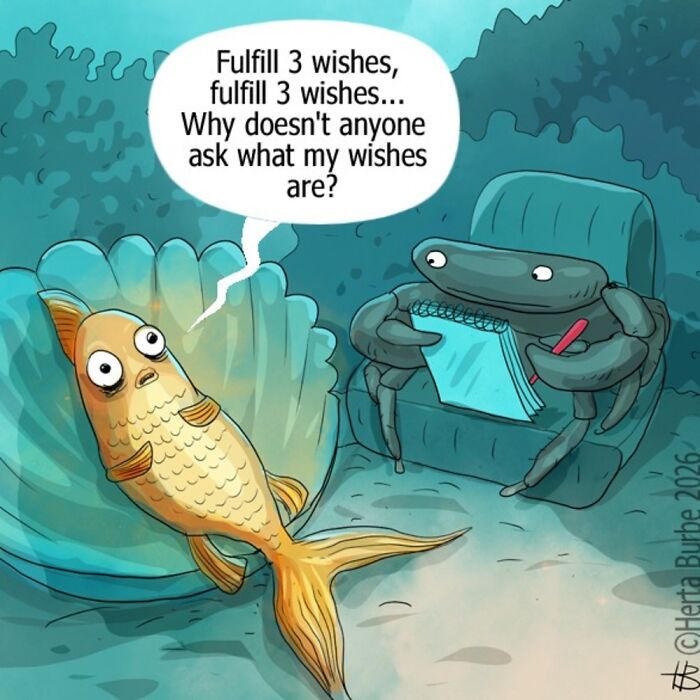 Herta Burbė comics and illustrations: a crab therapist listening to a fish complaining about wishes.