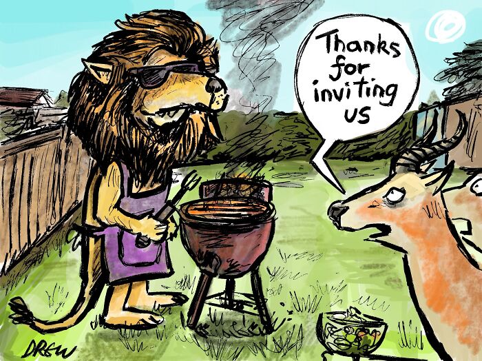 A lion in sunglasses and an apron grilling, while an antelope thanks him, in a single-panel comic about everyday observations.