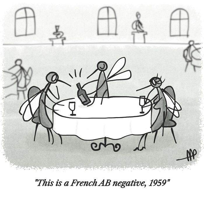 A witty single-panel comic depicts mosquitos dining at a table, discussing a bottle of aged 'French AB negative' blood.