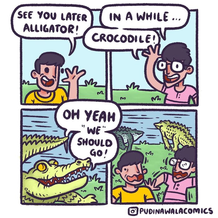 A comic strip depicting two friends saying goodbye with animal idioms, then encountering real alligators. It shows funny comics with a twist.