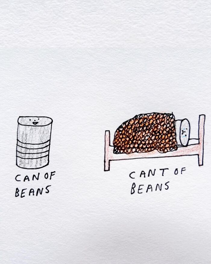 Comical illustration of a can of beans next to a cant of beans in bed, featuring silly wordplay.