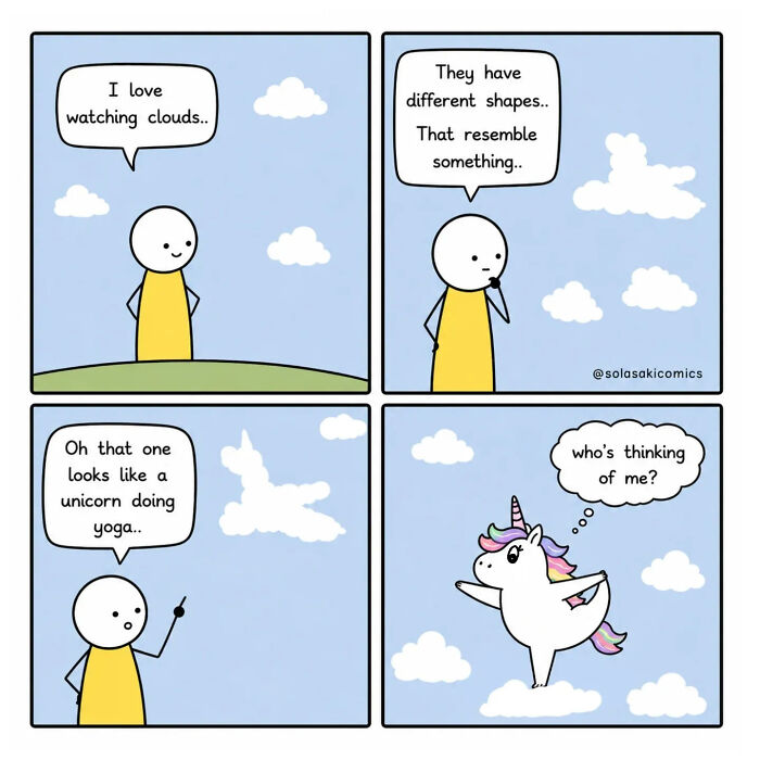 Clever comics depict a stick figure observing clouds, imagining a unicorn doing yoga, transforming mundane moments into hilarious scenes.