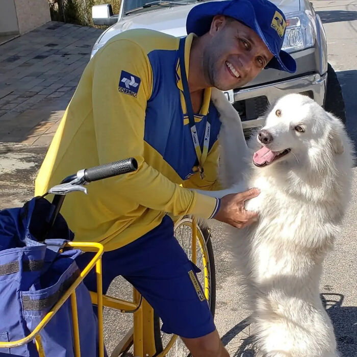 A mailman wearing a hat and uniform kneels to pet a standing white dog, befriending dogs during his deliveries.