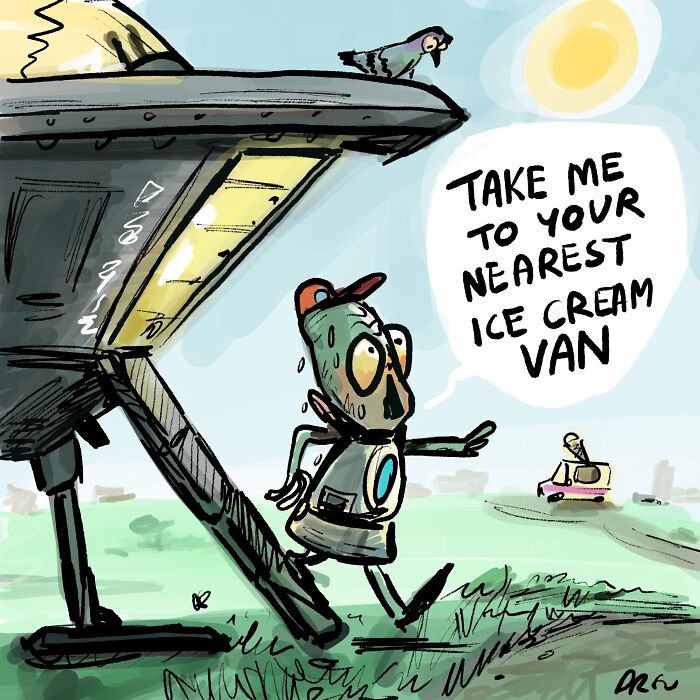 A single-panel comic with an alien running from a spaceship towards an ice cream van, a clever everyday observation.