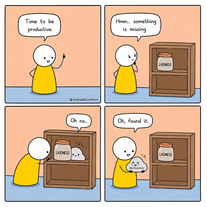 Hilarious comic strip illustrating a character searching for motivation and finding it hidden, a clever comic moment.