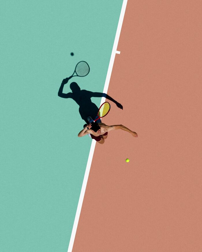 Vivid color photos from reFocus contest, showcasing a tennis player's serve from an aerial perspective.