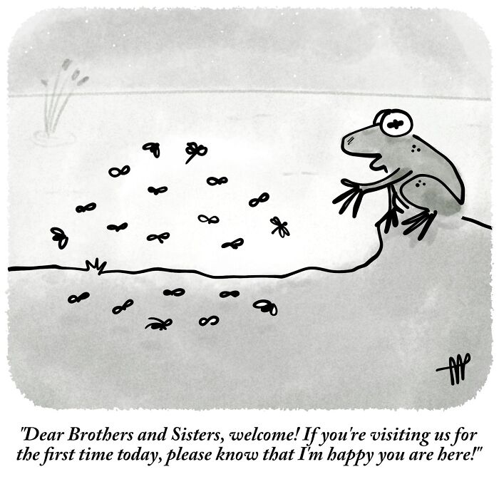 A single-panel comic illustrates a frog welcoming a group of flies, a witty single-panel comic.