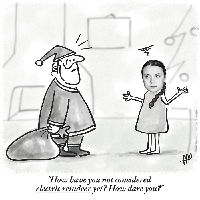 A single-panel comic shows Greta Thunberg confronting Santa about electric reindeer, among witty single-panel comics.