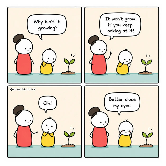 Funny comic of a child trying to grow a plant by staring at it, then closing eyes, showcasing clever comics.